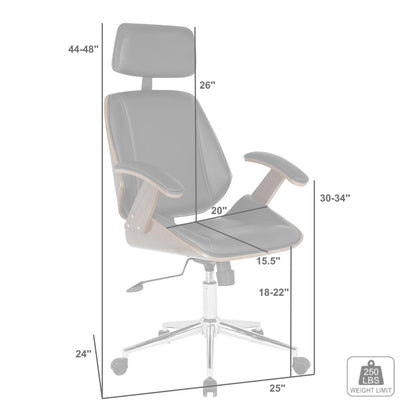 Armen Living Century Office Chair in Black Faux Leather and Walnut Wood, Chrome Finish