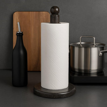 12 Heavy Natural Stone Paper Towel Holder Handcrafted from Solid Indonesian Marble, Non-Tip Weighted Base, One-Hand