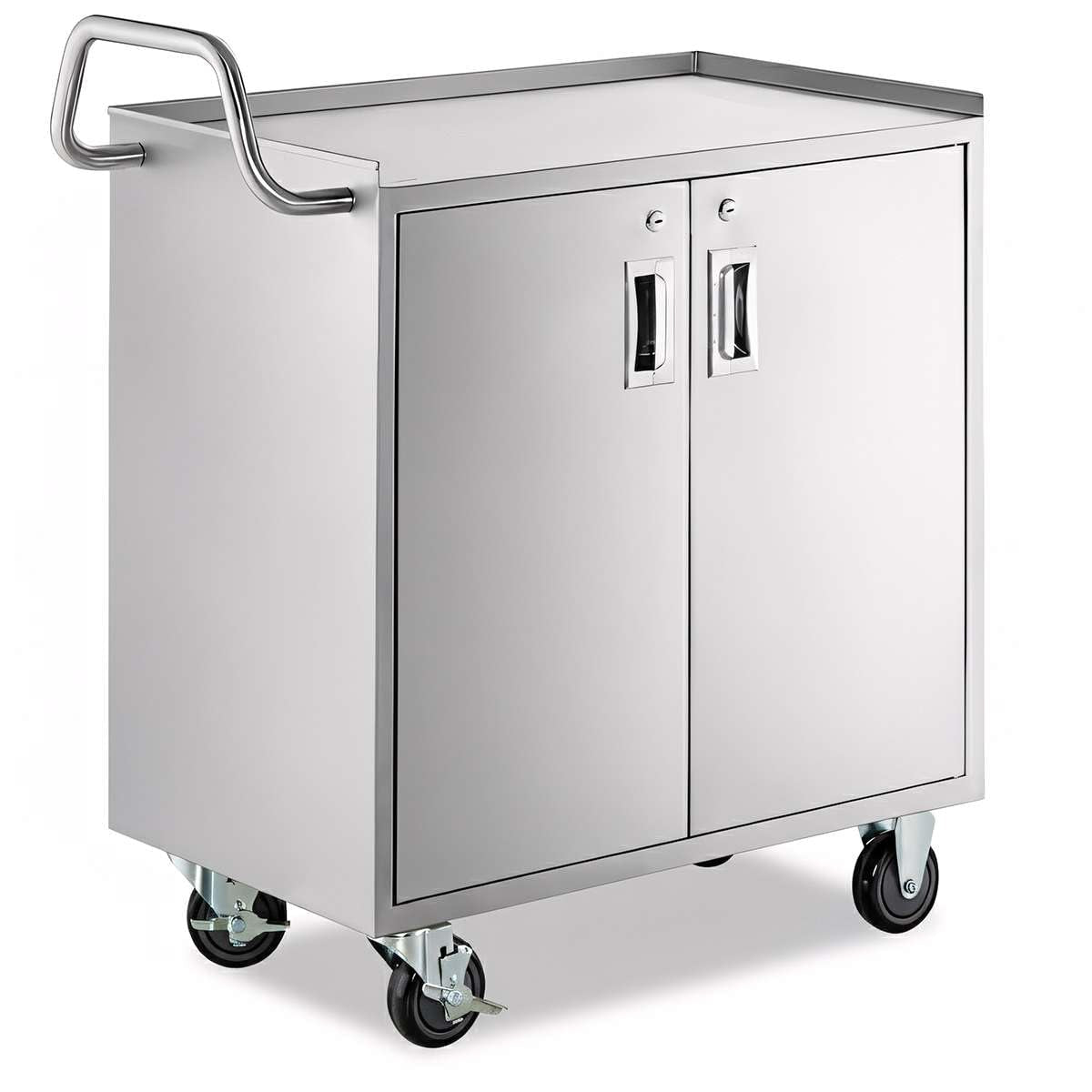 18" x 30" Stainless Steel Utility Cart with Enclosed Base and Locking Doors - Commercial NSF 3 Shelf Service Cart, Heavy-Duty Mobile Storage Cabinet for Kitchen, Catering, Restaurant Storage