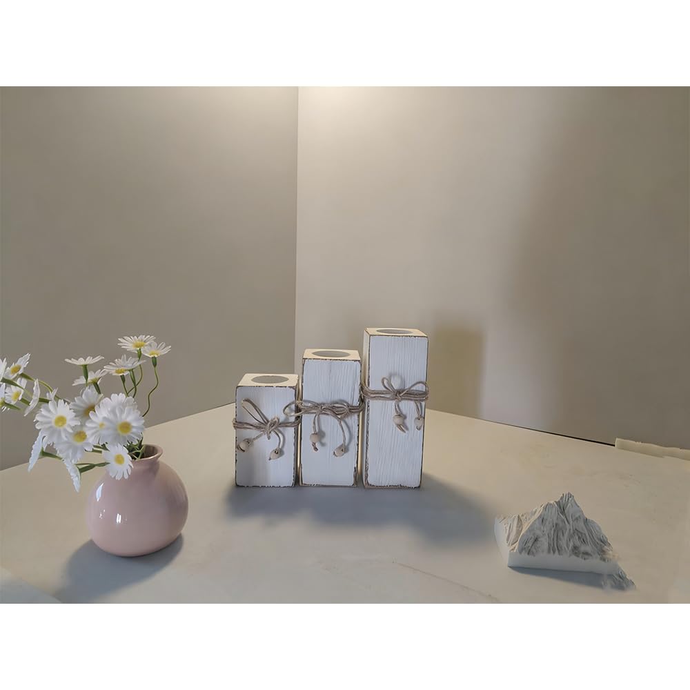 3 Piece Rustic Whitewashed Wooden Candle Holder Set Farmhouse Decor for Table Centerpiece Wedding Home Accent