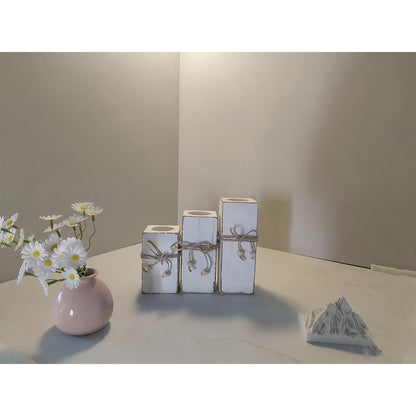 3 Piece Rustic Whitewashed Wooden Candle Holder Set Farmhouse Decor for Table Centerpiece Wedding Home Accent