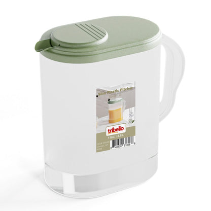 Tribello 1-Gallon Slim Plastic Pitcher with Lid – Clear Water Jug with Pivot-Top Spout, Iced Tea Pitcher for Fridge, Dishwasher/Freezer Safe, BPA & Phthalate Free – Sage Green
