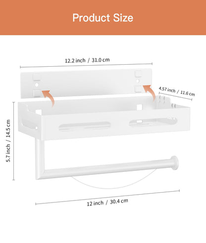 Paper Towel Holder Wall Mount with Shelf, Easy One Hand Tear, Adhesive Glue or Drill Mount Hanging Paper Towel Holder with Shelf for Kitchen/Bathroom/RV, White Metal, 4 Hooks
