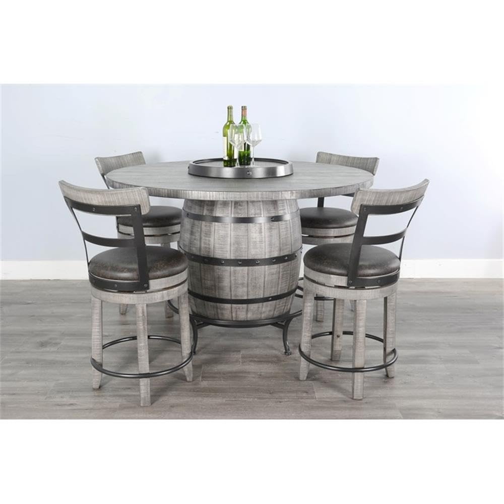 Pemberly Row Round 5-Piece Pub Table Set, Mahogany Wood, Wine Barrel Design with Lazy Susan Storage, Powder-Coated Metal Accents, Counter-Height Stools, Rustic Dining Room Furniture