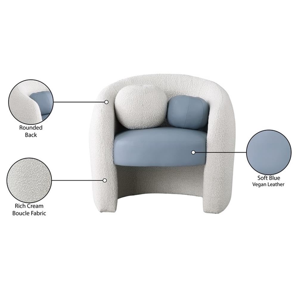 Meridian Furniture 546Blue Acadia Collection Modern | Contemporary Accent Chair with Rich Cream Boucle Fabric, Soft Blue Vegan Leather Seat, Rounded Back, 33.5" W x 30.5" D x 30" H, Blue