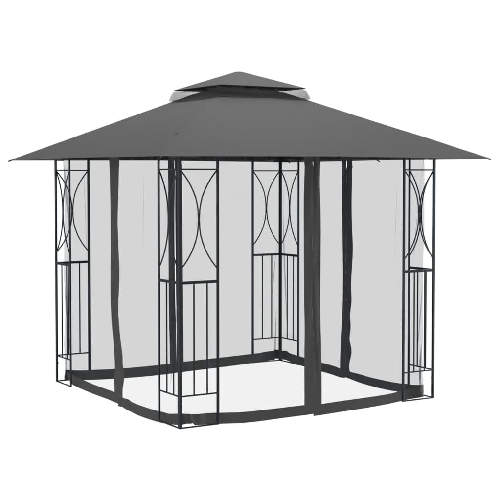 Anthracite Steel Gazebo with Sidewalls, 118.1"x118.1" Outdoor Canopy Tent, Double-Tiered Roof, Patio Gazebo for Garden Parties Lawn Structures