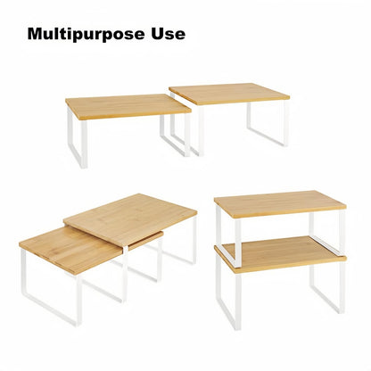 NEX Bamboo Kitchen Cabinet and Counter Shelf Organizer, Stackable & Expandable, Set of 4, White and Natural