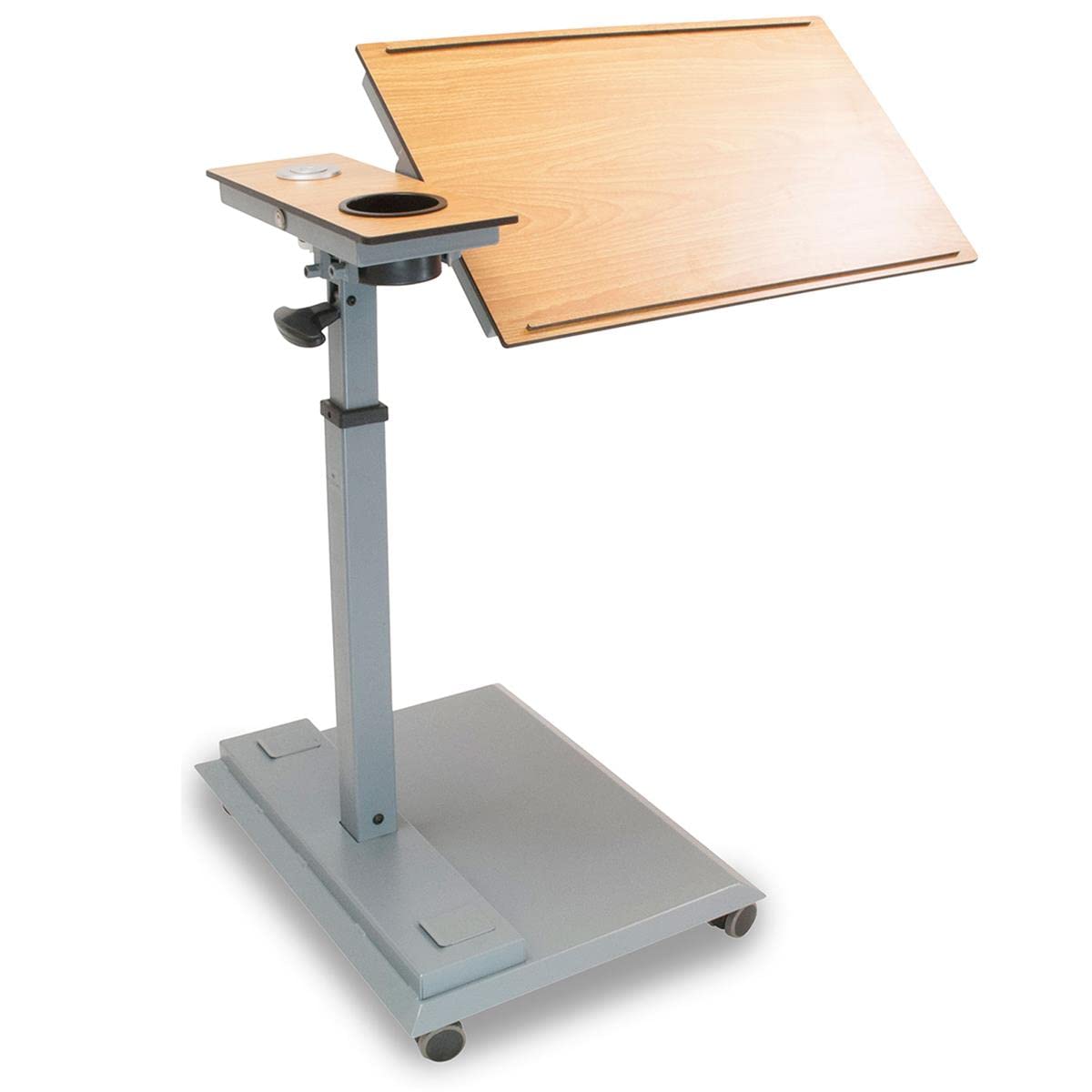 WiseLift Table – 360° Swivel – Up to 45° Tilt – Height Adjustable – Built-in Cup Holder and 3 USB Charging Ports (Wood)