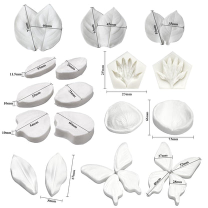 AK ART KITCHENWARE Silicone Veiner Stainless Steel Fondant Cutter Set for Gum Paste Flower Leaf Sugar Craft Tools Cake Decorating Supplies Silicone Veining Molds Moulds for Wedding with Christmas Box