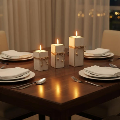 3 Piece Rustic Whitewashed Wooden Candle Holder Set Farmhouse Decor for Table Centerpiece Wedding Home Accent