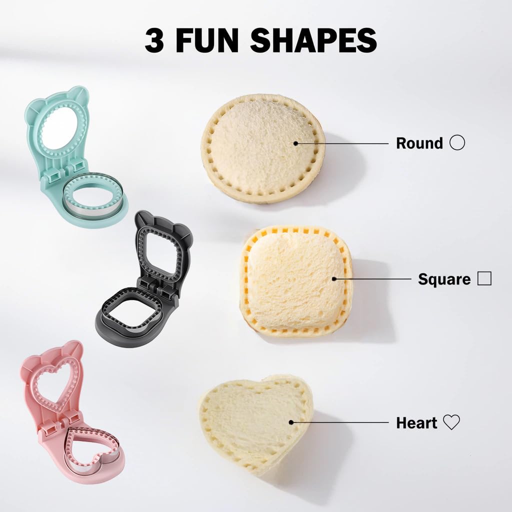 Sandwich Cutter and Sealer Set, 3 Pack Crustless Sandwich Maker for Kids Lunch, Dishwasher Safe PB&J Press Tool, Pink Heart, Blue Round, Grey Square