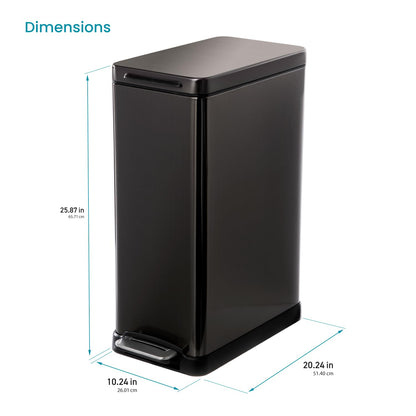 Home Zone Living 12 Gallon Slim Kitchen Trash Can with Soft Close Lid, Step Pedal, Bag Tuck Band, and Removable Liner, Stainless Steel, Black