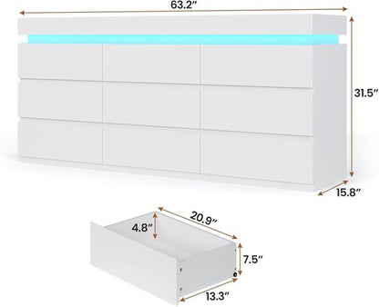 HAUOMS 9-Drawer Dresser - Modern White Chest with LED Light for Bedroom, Living Room & Entryway