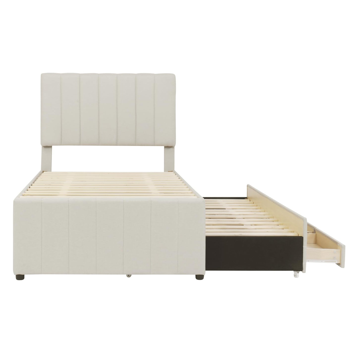 Merax Twin Size Bed Frame with Trundle and 3 Storage Drawers, Elegant Linen Upholstered Platform Bed with Stripe Headboard for Bedroom, Small Spaces, Solid Wood Slats Support, Easy Assembly, Beige