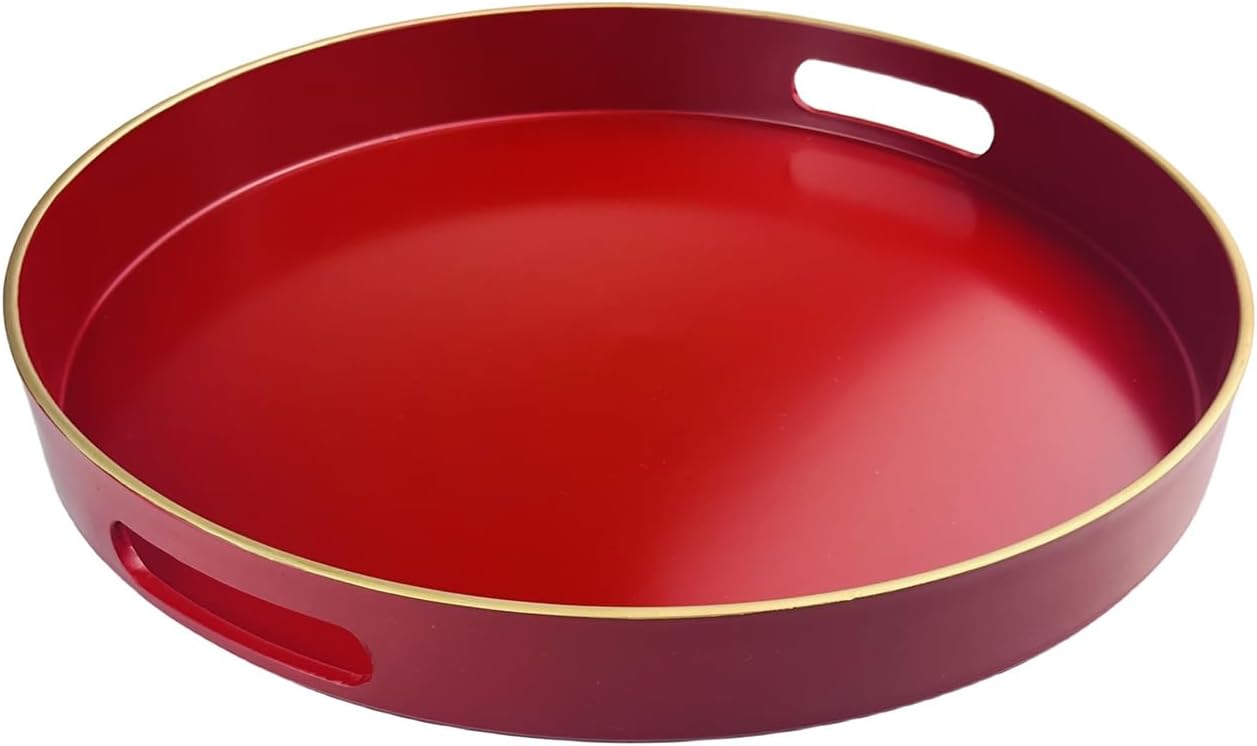 13 Inch Red Decorative Tray, Serving Tray with Handles, Round Decorative Tray for Coffee Table, Plastic Tray