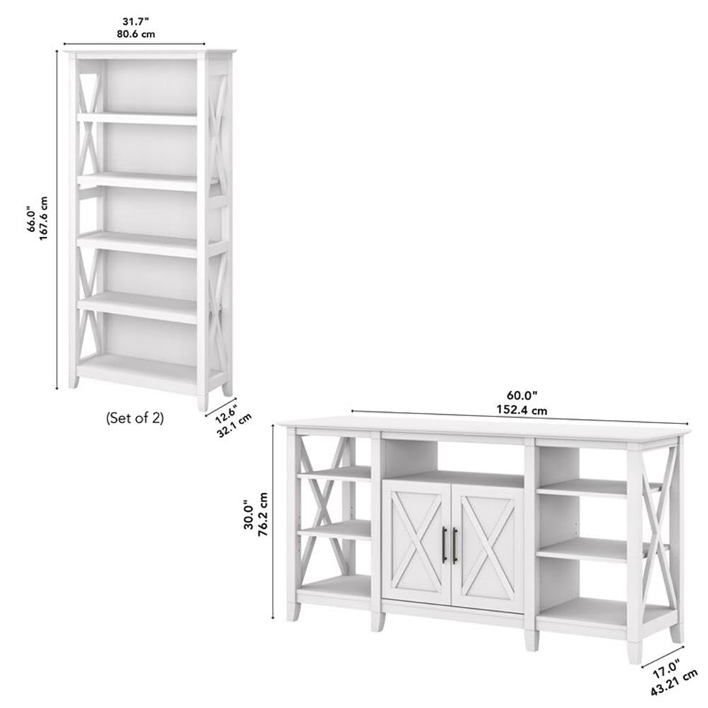 Bush Home Key West Tall TV Stand with Set of 2 Bookcases in Pure White Oak, Farmhouse Entertainment Center for 65 Inch Television