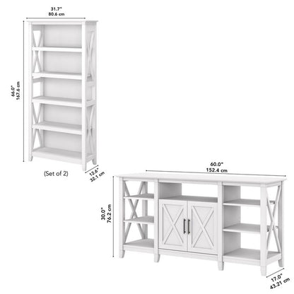 Bush Home Key West Tall TV Stand with Set of 2 Bookcases in Pure White Oak, Farmhouse Entertainment Center for 65 Inch Television