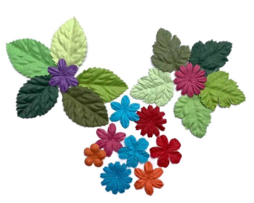 200 Pcs Handmade Mixed Mulberry Paper Flowers Petals and Leaves Scrapbooking Wedding DIY Craft Supplies Card (10 Colors Flowers/Green Tone Leaves)