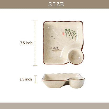 Ceramic Dumpling Plate with Dipping Saucer, Sushi Dish, Serving Plate, Snack Plate, 7.5 Inch - Set of 2