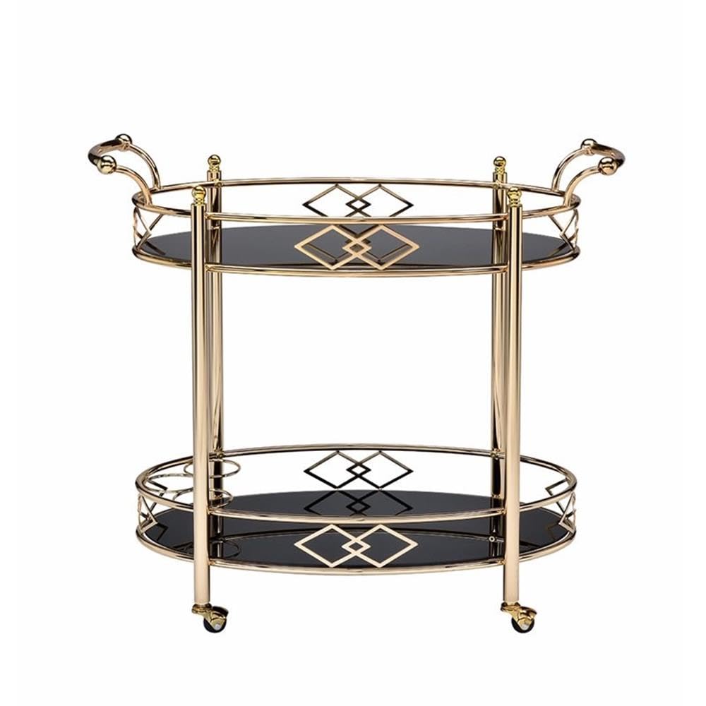 Acme Ottesen Oval Glass Top Serving Cart with 2 Shelves in Gold