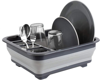 Home Basics Grey Silicone and Plastic Easy Storage Collapsible Dish Rack with Cutlery Holder