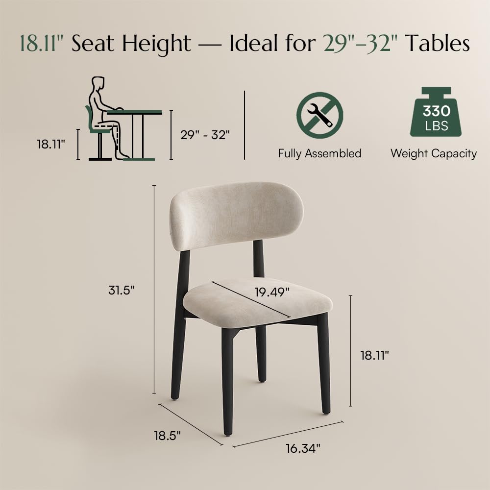 POVISON Modern Dining Chairs Set of 2, Armless Black Dining Chair with Sackcloth Cushions and Dark Walnut-Coloured Ash Wood, Pre-Assembled Design