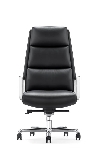 FURIJING Genuine Leather Aluminum Base High Back Executive Chair,Modern Ergonomic Real Leather Office Chair Boss Executive Chair with Synchro-Tilt Mechanism-Black.