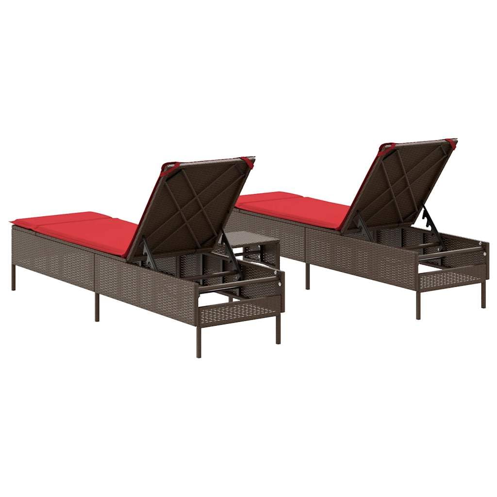 Yisssmeng 3-Piece Patio Sun Lounger Set with Red Cushions, Brown Poly Rattan Outdoor Chaise Lounge Chairs for Garden, Poolside and Terrace, Adjustable Backrest, 2 Pack, Steel Frame