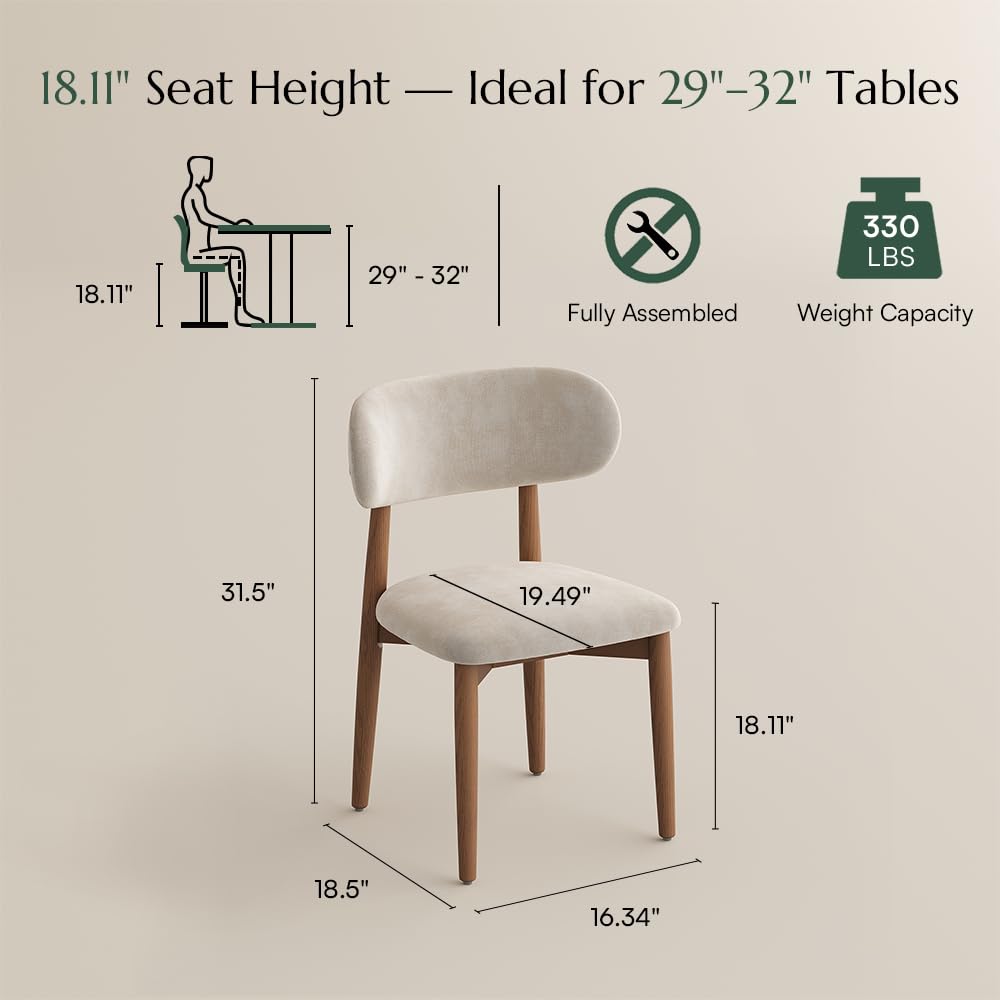 POVISON Modern Dining Chairs Set of 2, Armless Cotton Linen Dining Chair with Sackcloth Cushions and Dark Walnut-Coloured Ash Wood, Pre-Assembled Design