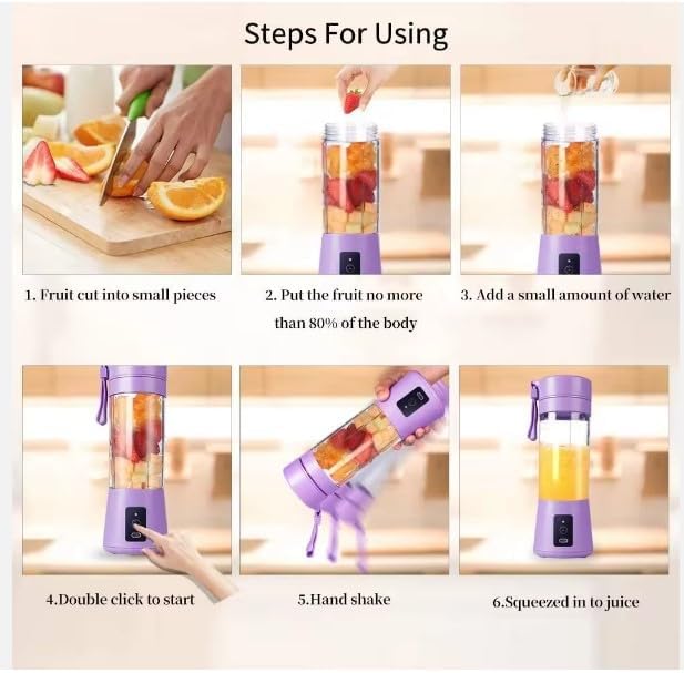 Portable Blender for Shakes and Smoothies, 380Ml 25 Watts with 6 Blades, USB Rechargeable Handheld Blender Purple
