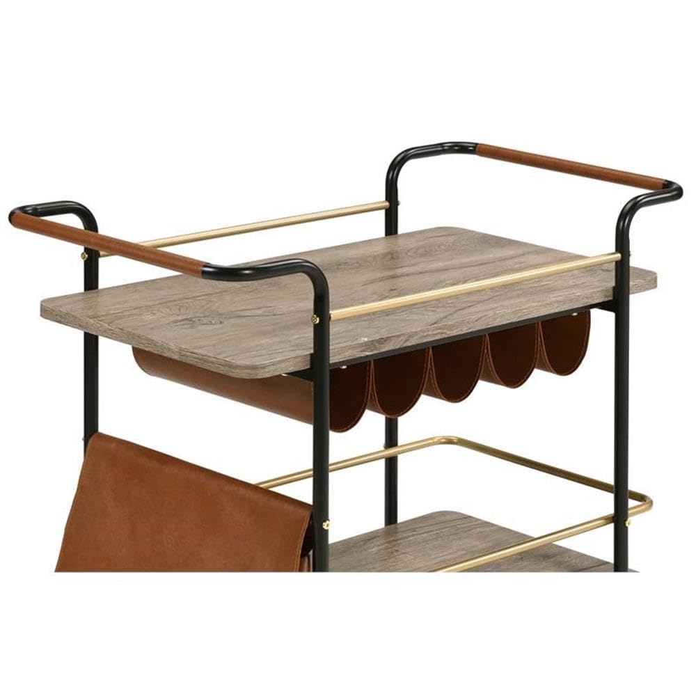 Acme Naude 2-Shelf Wood Serving Cart with Wheel in Gold and Black