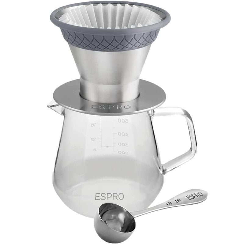 ESPRO - BLOOM Pour Over Coffee Brewing Kit - Durable Brushed Stainless Steel, Dual Filter with Patented Micro-Filter & 50 Paper Filters