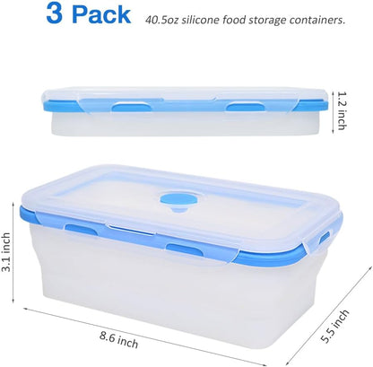 Alimat PluS 40.5oz Silicone Food Storage Containers, 3 Pack Set of 1200ml Extra Large Collapsible Containers with Lids