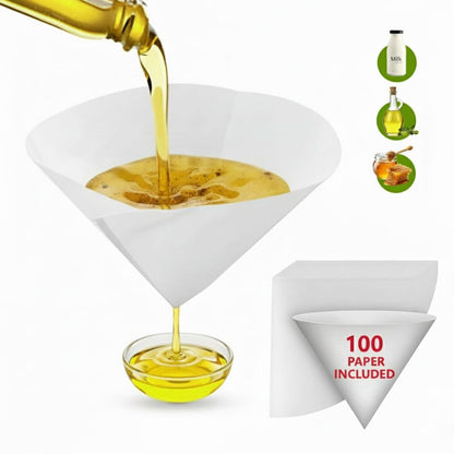 100 Filter Papers Premium Grease Container 10 Inch Spoon Oil Filter Kitchen Cooking Reusable Strainer Separator Holder Deep Fryer Paper Food Cones Maple Syrup Pot Frying Cone Tray Lid (2)