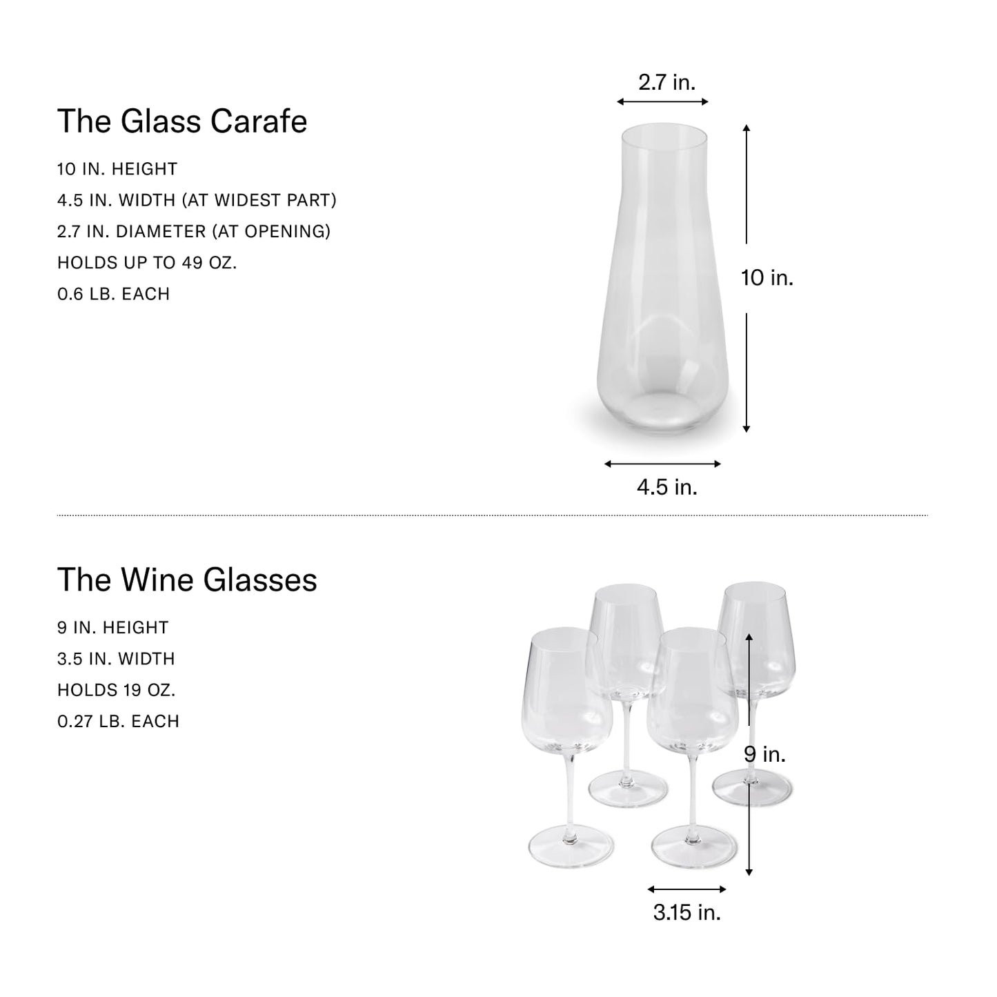 Fable Premium Wine Set - Includes 4 Crystal Wine Glasses and 1 Durable Glass Carafe - Dishwasher Safe Crystalware Bundle with Matching Carafe, Clear