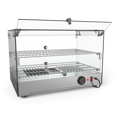 Pemberly Row Glass Countertop Display Warmer, 17 Cu. Ft., 22 in, Stainless Steel Frame, Silver Finish, Tempered Glass Panels, Self-Serve Double Doors, Adjustable Temperature Control 85-185°F for