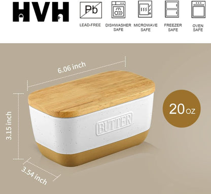 Countertop, HVH Ceramic Butter Dish with Lid for Airtight Butter Keeper with Wooden Lid, Butter Dishes with Covers