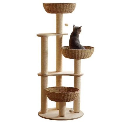 54" Modern Cat Tree for Large Cats, Wood Luxury Multi-Level Oak Solid Wood Cat Trees Cat Towers with 3 Rattan Weaving Cat Nests & Washable Cushions, Sisal Scratching Posts, for Indoor Cats-Lacquered