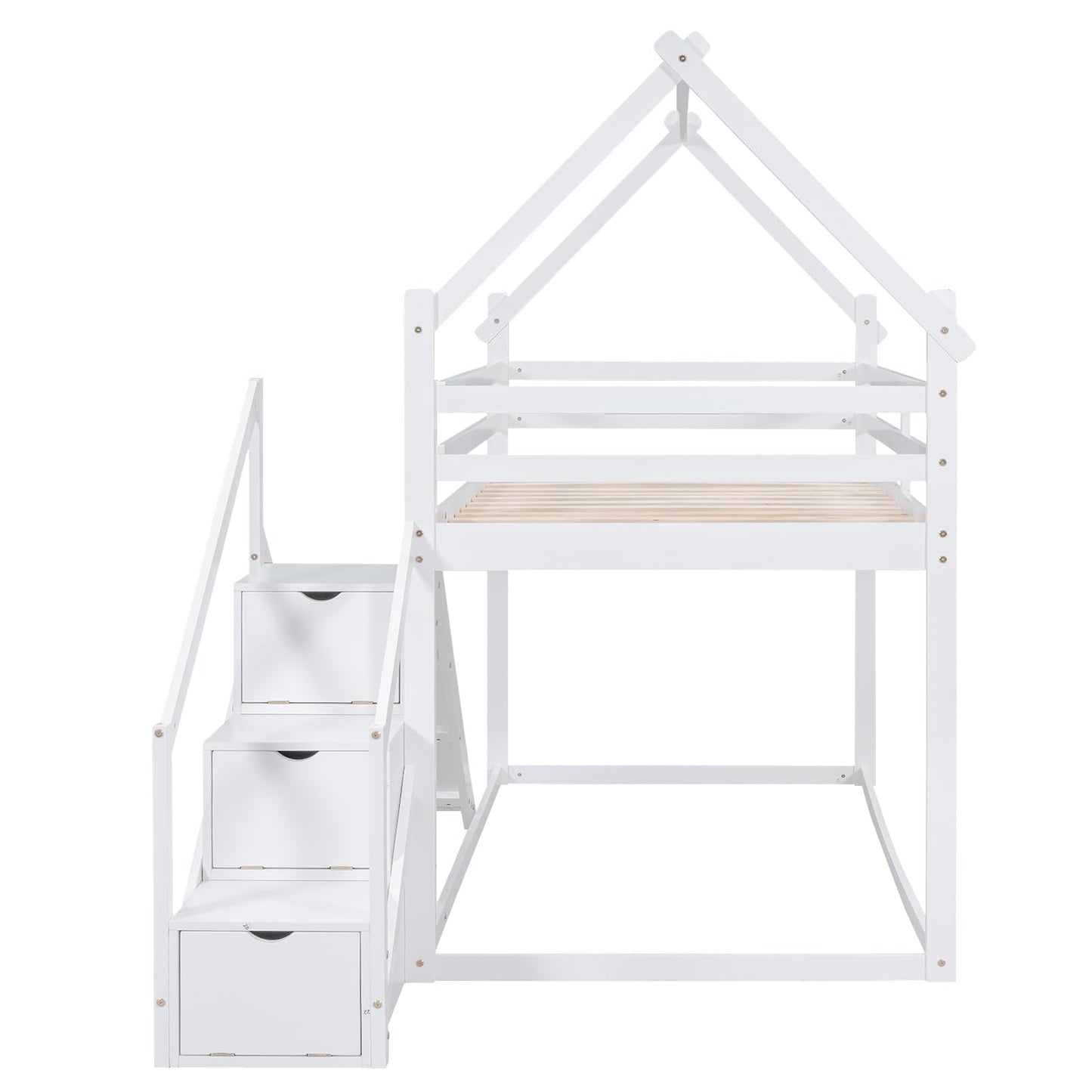 Merax Twin Over Twin Bunk Bed with Full-Length Guardrails for Teens, Boys, Girls, Wooden House Bed Frame & Slide and Storage Stairs for Children's Room, Bedroom, No Box Spring Needed, White