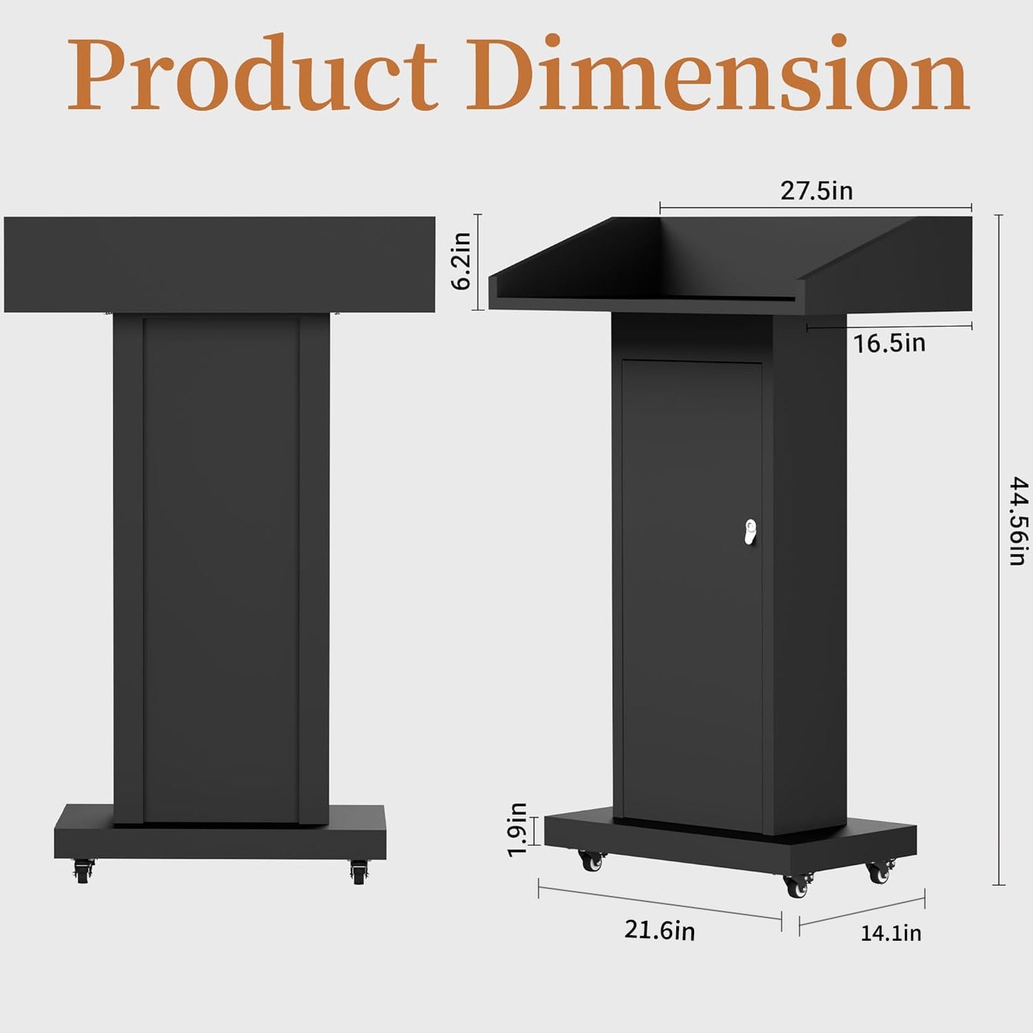 Heavy-Duty Black Metal Podium Stand with Lockable Wheels | Mobile Lectern with Storage Cabinet & Standard 44.56" Height | for Conference Rooms, Churches, Classrooms & Events (Style 3)