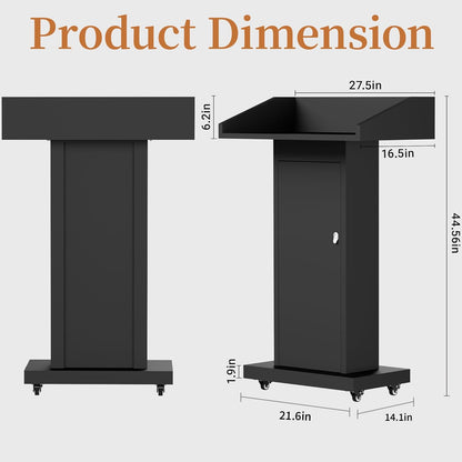 Heavy-Duty Black Metal Podium Stand with Lockable Wheels | Mobile Lectern with Storage Cabinet & Standard 44.56" Height | for Conference Rooms, Churches, Classrooms & Events (Style 3)