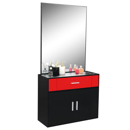 Red Salon Cabinet with Mirror, Professional Hair Styling Station for Home, Makeup Vanity Table Salon Furniture Barber Cabinet Storage Organizer Beauty Salons Equipment
