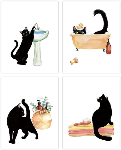 LHIUEM Black Cat Bathroom Decor, Funny Wall Art Set of 4, 8"X10", Unframed, Kitten Pictures