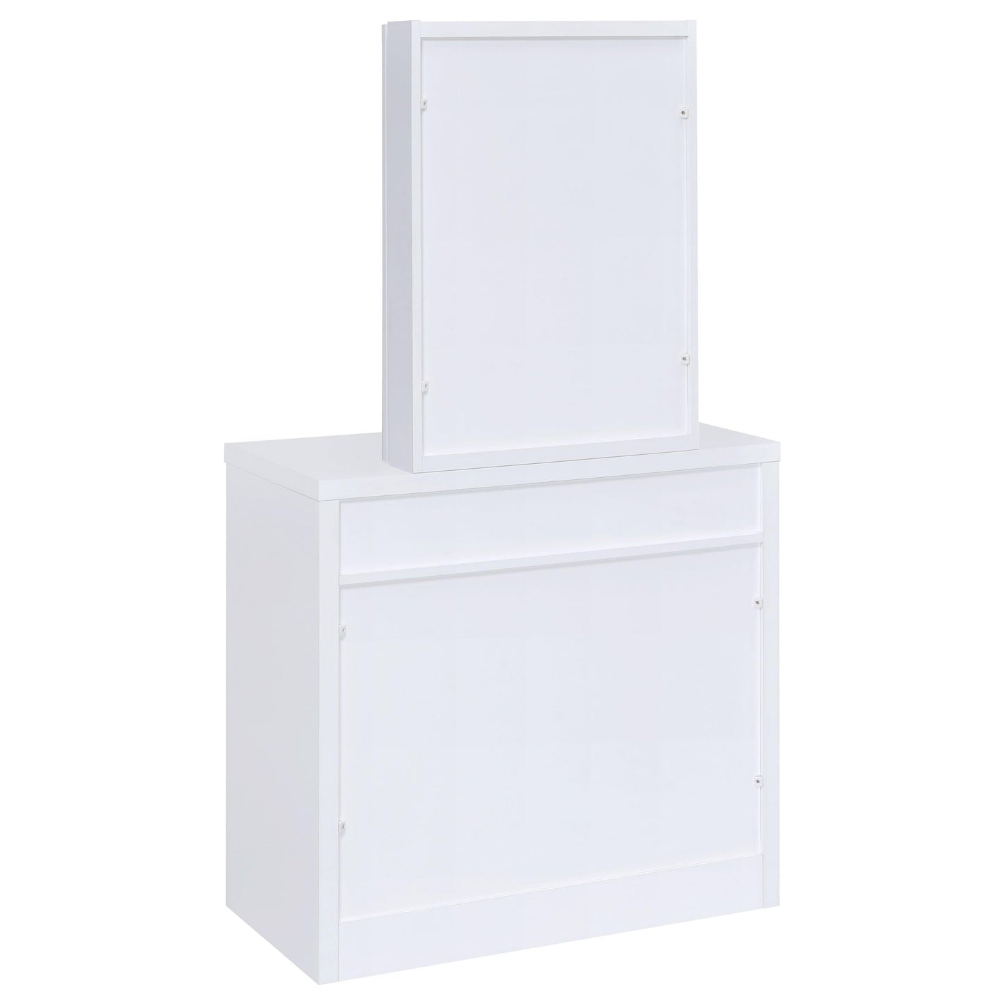 Coaster Home Furnishings Harvey Contemporary 3-Piece 1-Drawer Makeup Vanity Desk with Jewelry Storage Vanity Mirror and White Faux Leather Upholstered Storage Vanity Stool White 300290