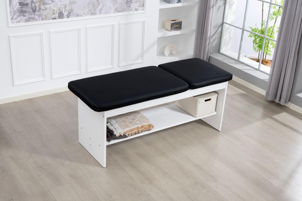 Carenovo Oak Wooden Medical Examination Table Non-Folding Professional Treatment Couch for Physiotherapy, Chiropractic & Clinic Use (Black, White)