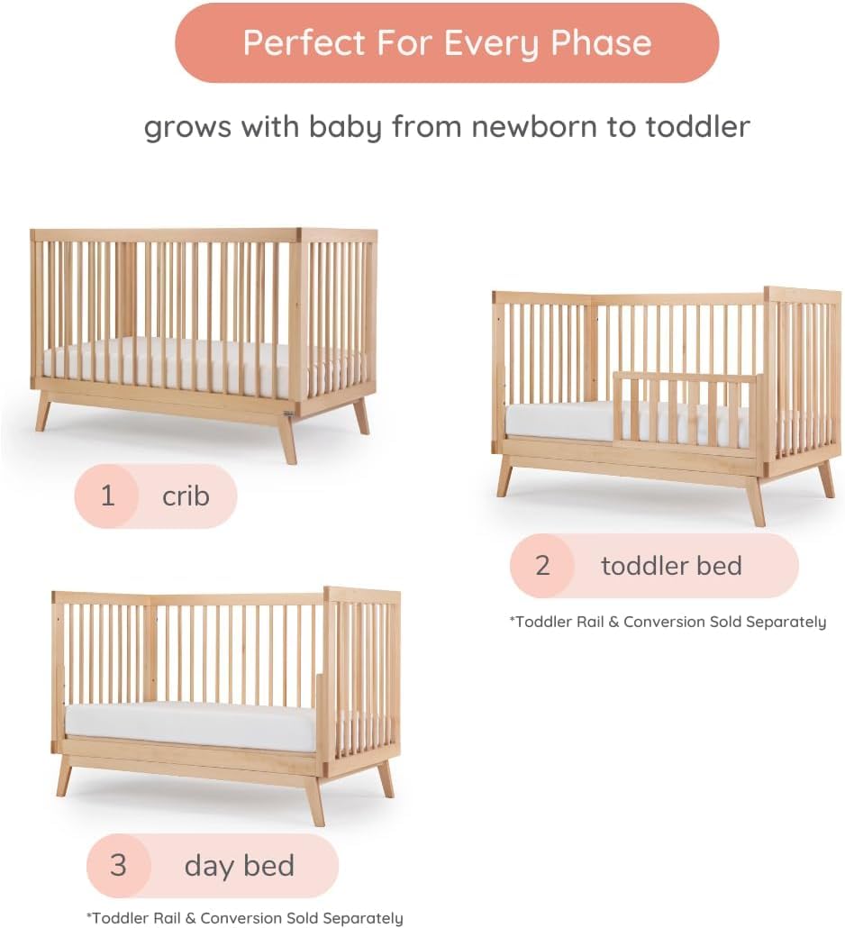 dadada Baby Soho 3-in-1 Convertible Wooden Crib to Toddler Bed - Made in Italy, GREENGUARD Gold Certified, Baby-Safe Finish, Handcrafted Beechwood, Modern Design, 3 Adjustable Heights (Natural)