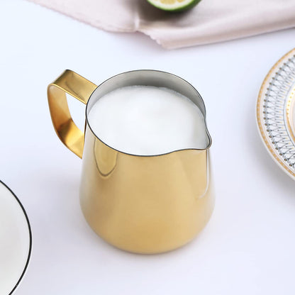 Milk Frothing Pitcher 12oz - 350ml, Kyraton Stainless Steel Espresso Steaming Pitchers with Decorating Pen,Milk Coffee Frother Cups Cappuccino Latte Art Barista Steam Pitchers Milk Jug Cup (Gold)