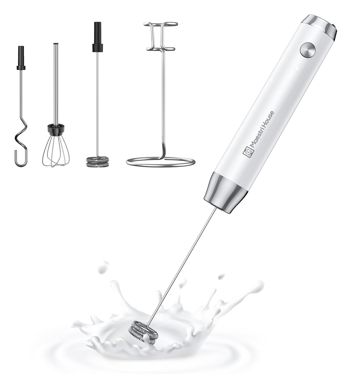Maestri House Rechargeable Milk Frother with 3 Heads, LunaFro AS Handheld Electric Foam Maker Waterproof Detachable Stainless Steel Whisk Drink Mixer Foamer with Stand for Lattes, Cappuccino, Egg