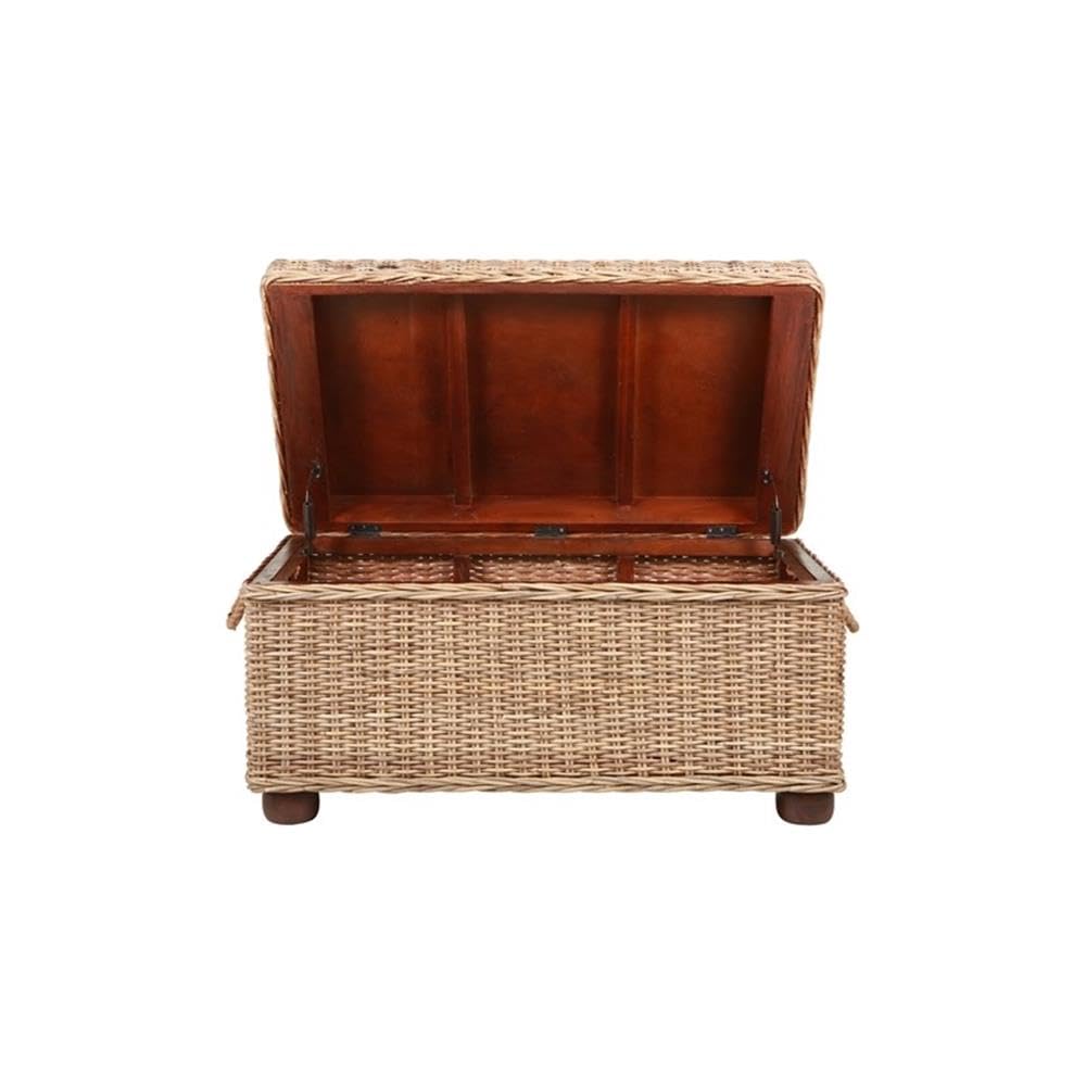 Pemberly Row Modern Kubu Wicker Rattan Storage Trunk, 37 in x 21.25 in x 19 in, Tan Finish, Handmade with Solid Mahogany Frame, Spacious Lift-Top Storage, Versatile Coffee Table for Living Room or