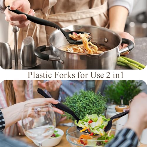 Mwellewm 36Pcs Plastic Serving Utensils Set Large Disposable Serving Spoons Forks Tongs for Serving Food 8.5'' Heavy Duty Black Large Party Utensils Supplies for Buffet Restaurant Dinner Salad Soup